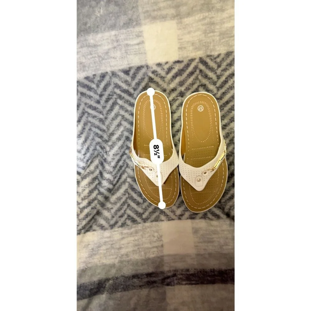 Embellished White Flip Flops, Size 37/6.5, New, Faux Leather